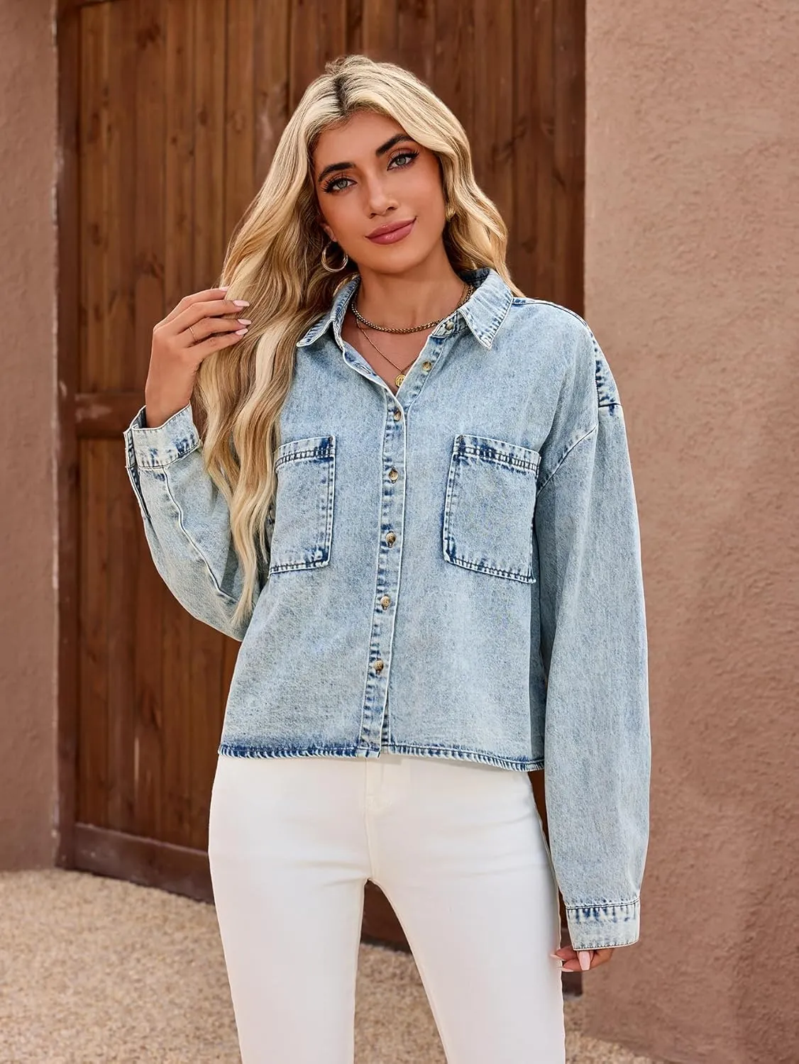 Women's Cropped Denim Shirt Long Sleeve Button Down Jean Blouse with Pockets, Comfort Fit Casual Vintage Top