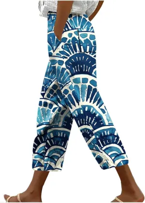 Womens Cropped Trousers Elastic High Waist Wide Leg Capri Pants Comfy Loose Fit Tie-dye Print Pants Fashion Trousers