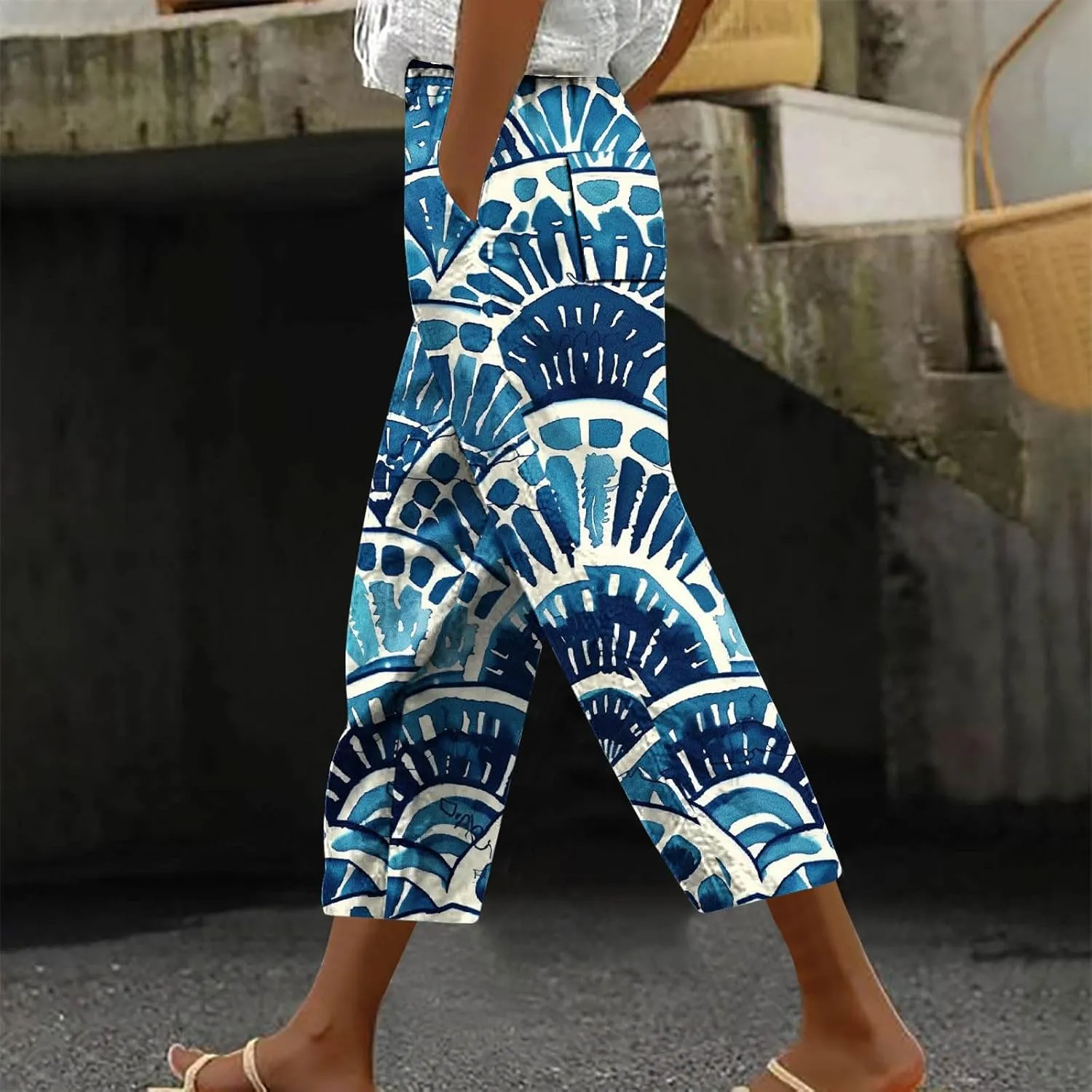 Womens Cropped Trousers Elastic High Waist Wide Leg Capri Pants Comfy Loose Fit Tie-dye Print Pants Fashion Trousers