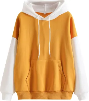 Women's Drawstring Color Block Sweatshirt Casual Comfortable Hooded Sweatshirt Autumn and Winter Warm Sweatshirt