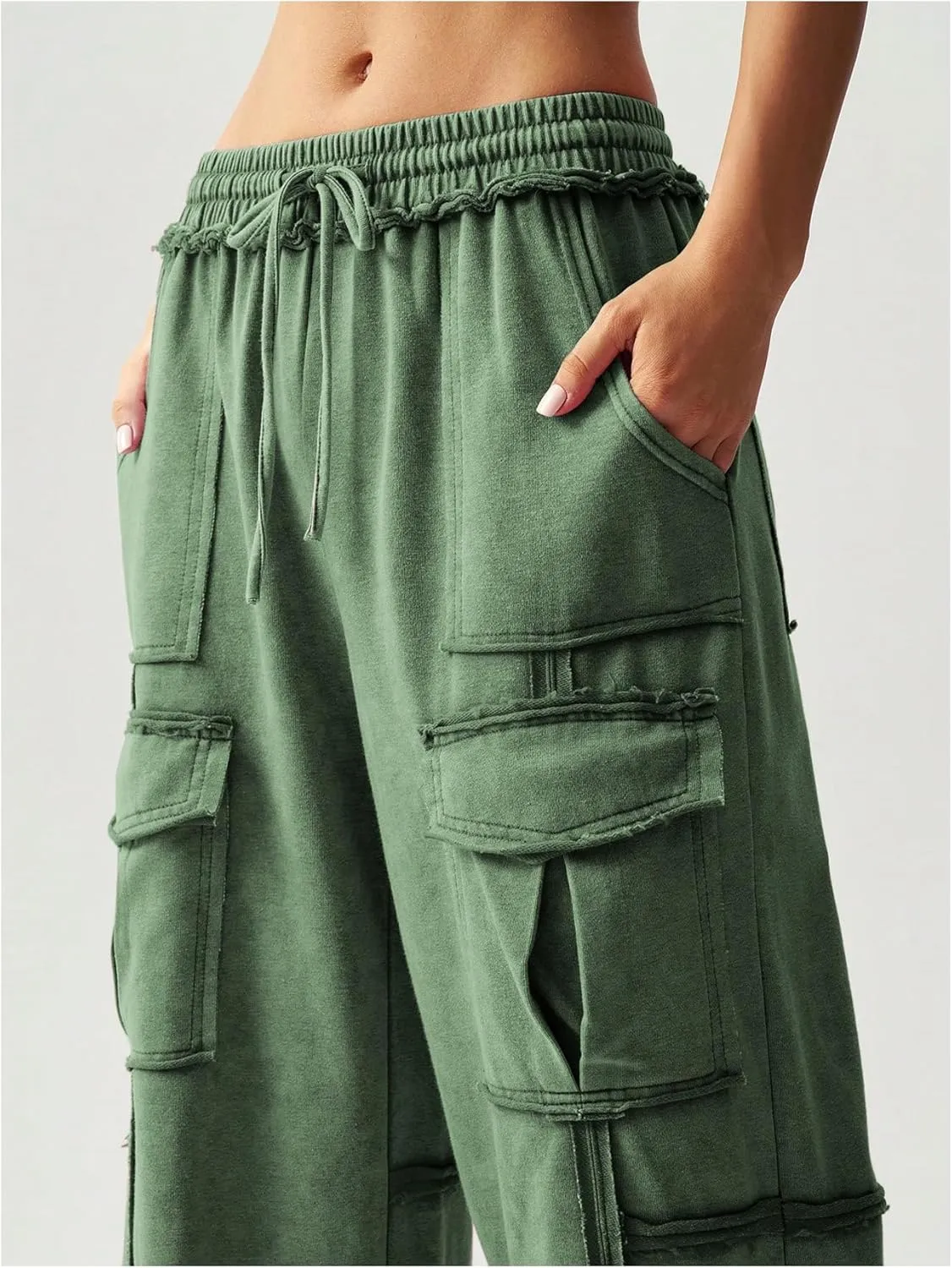 Women's Drawstring Waist Baggy Cargo Pants Y2k Wide Leg Trousers with Pocket
