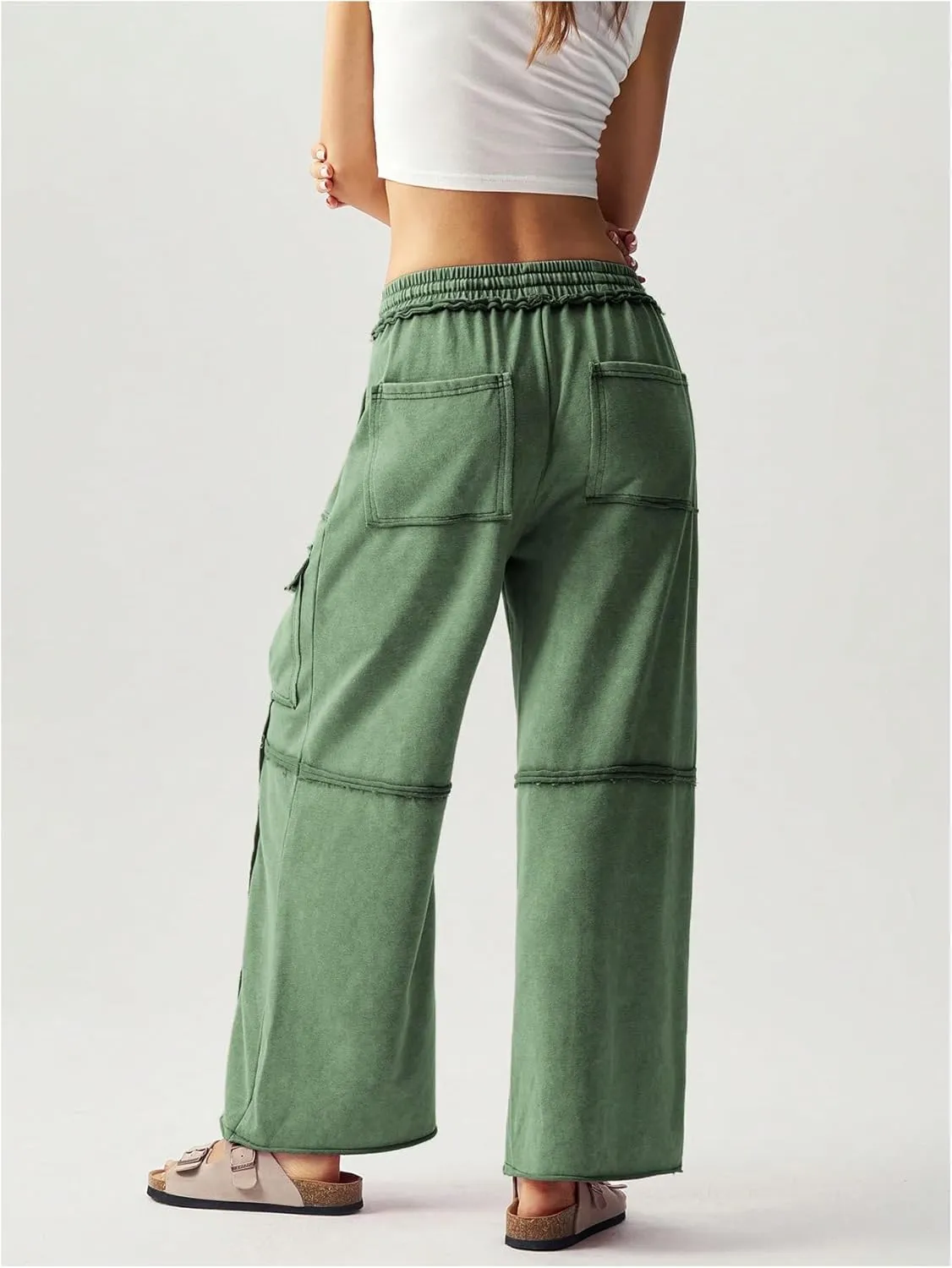 Women's Drawstring Waist Baggy Cargo Pants Y2k Wide Leg Trousers with Pocket