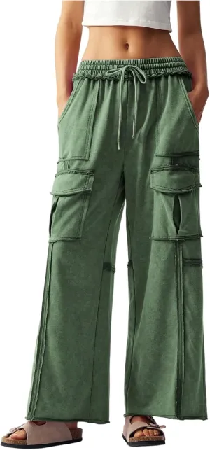 Women's Drawstring Waist Baggy Cargo Pants Y2k Wide Leg Trousers with Pocket