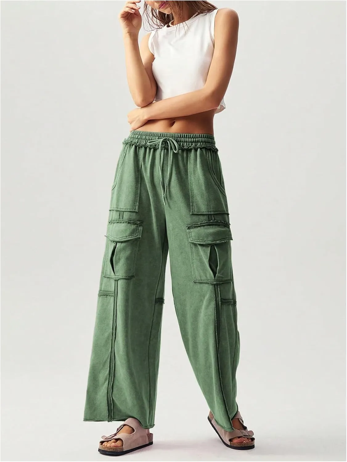 Women's Drawstring Waist Baggy Cargo Pants Y2k Wide Leg Trousers with Pocket