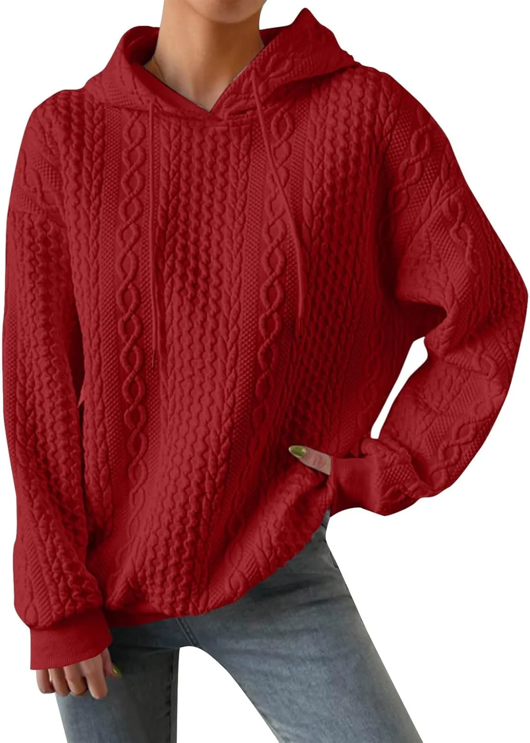 Womens Fashion Fall Sweatshirt Oversized Hoodie Casual Long Sleeve Pullover Knit Hooded Sweatshirts with Pocket S-3XL