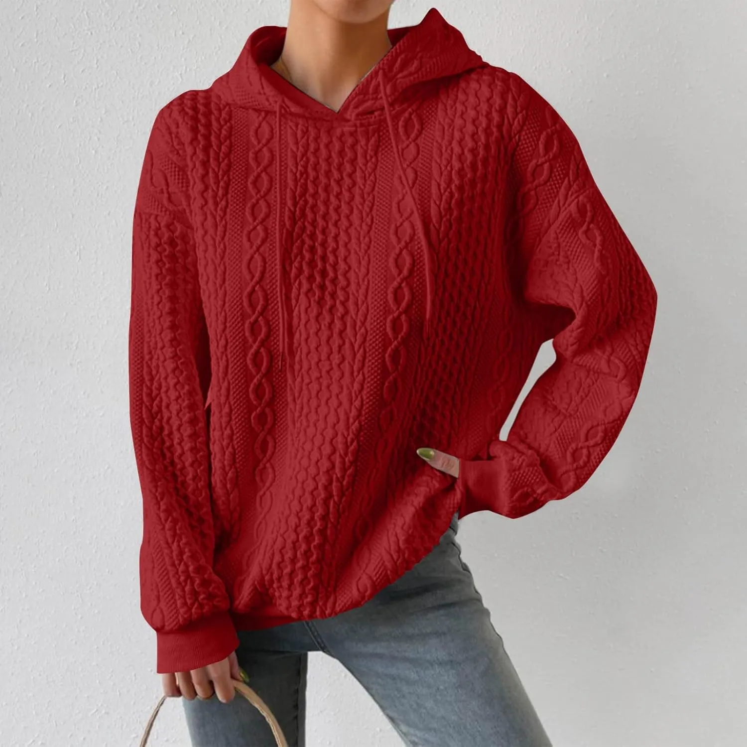 Womens Fashion Fall Sweatshirt Oversized Hoodie Casual Long Sleeve Pullover Knit Hooded Sweatshirts with Pocket S-3XL
