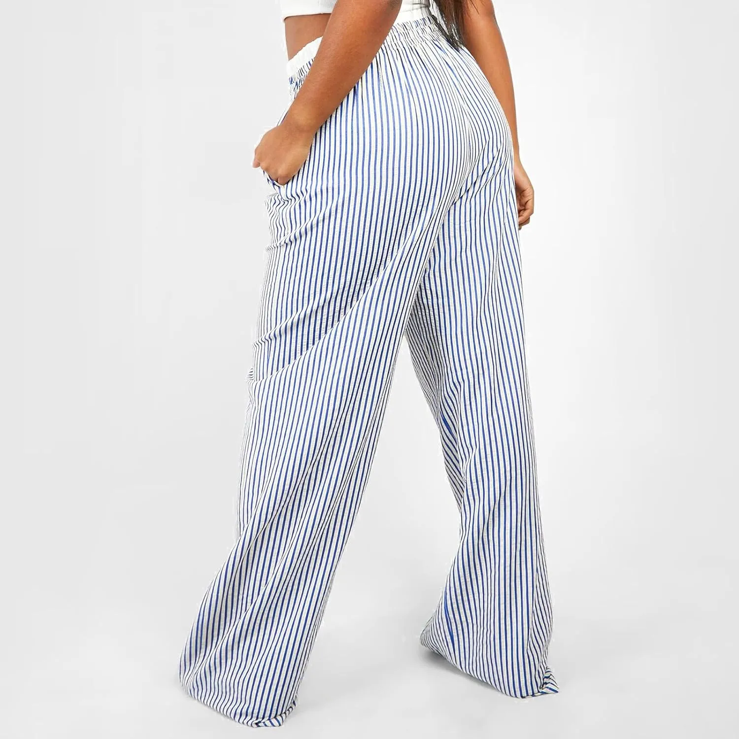 Women's Fashion High Waist Stripe Pants Y2K Patched Elastic Waist Straight Wide Leg Trousers E-girls Pj Bottoms