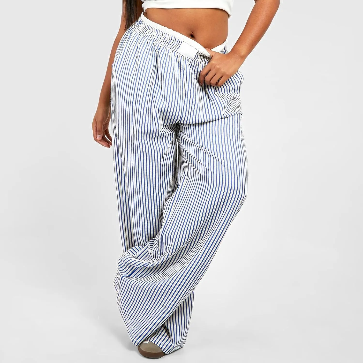 Women's Fashion High Waist Stripe Pants Y2K Patched Elastic Waist Straight Wide Leg Trousers E-girls Pj Bottoms