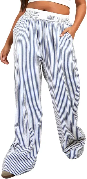 Women's Fashion High Waist Stripe Pants Y2K Patched Elastic Waist Straight Wide Leg Trousers E-girls Pj Bottoms