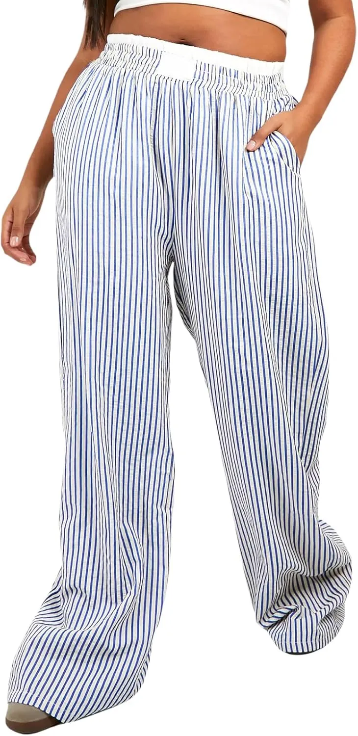 Women's Fashion High Waist Stripe Pants Y2K Patched Elastic Waist Straight Wide Leg Trousers E-girls Pj Bottoms