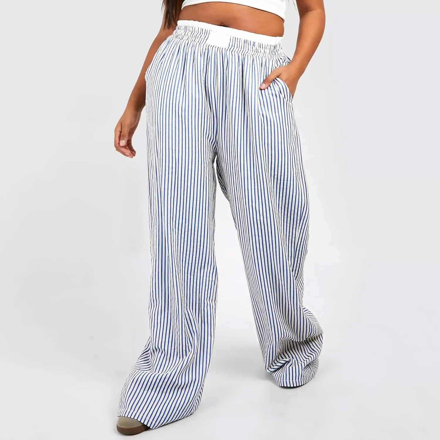 Women's Fashion High Waist Stripe Pants Y2K Patched Elastic Waist Straight Wide Leg Trousers E-girls Pj Bottoms