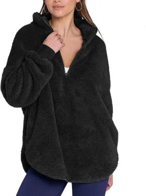 Womens Fleece Sweatshirt Half Zip Up Oversized Long Sleeve Sherpa Pullover Winter Warm Comfy Solid Color Fuzzy Tops