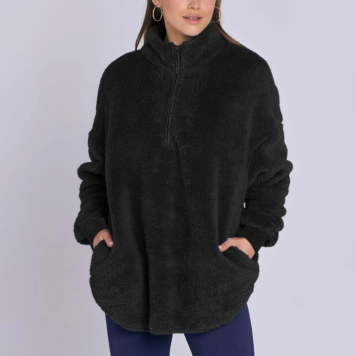 Womens Fleece Sweatshirt Half Zip Up Oversized Long Sleeve Sherpa Pullover Winter Warm Comfy Solid Color Fuzzy Tops
