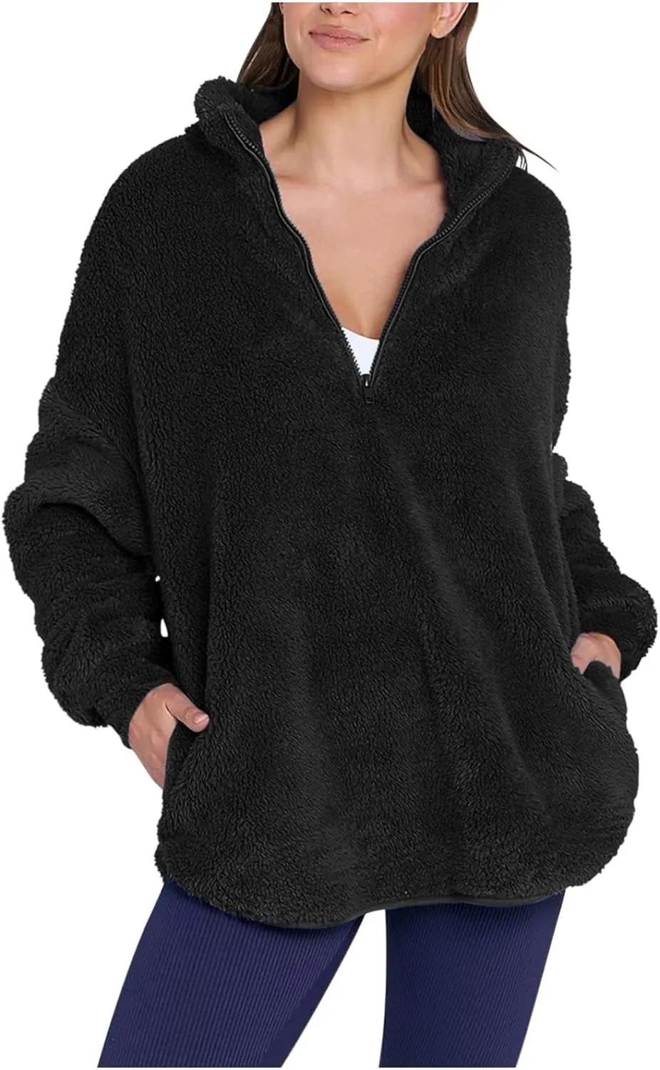 Womens Fleece Sweatshirt Half Zip Up Oversized Long Sleeve Sherpa Pullover Winter Warm Comfy Solid Color Fuzzy Tops