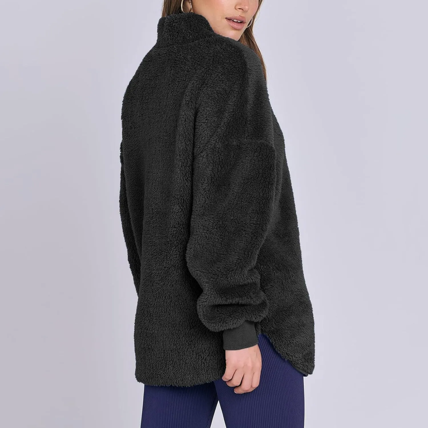 Womens Fleece Sweatshirt Half Zip Up Oversized Long Sleeve Sherpa Pullover Winter Warm Comfy Solid Color Fuzzy Tops