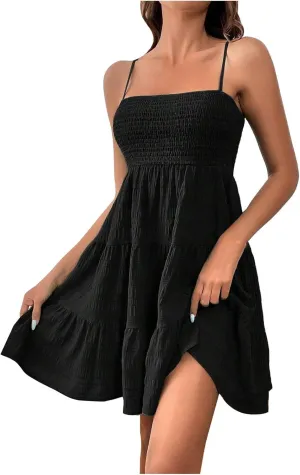 Womens Flowy Short Sundress Spaghetti Strap Sleeveless Ruffle Mini Dress Casual Square Neck Tiered A Line Swing Dress