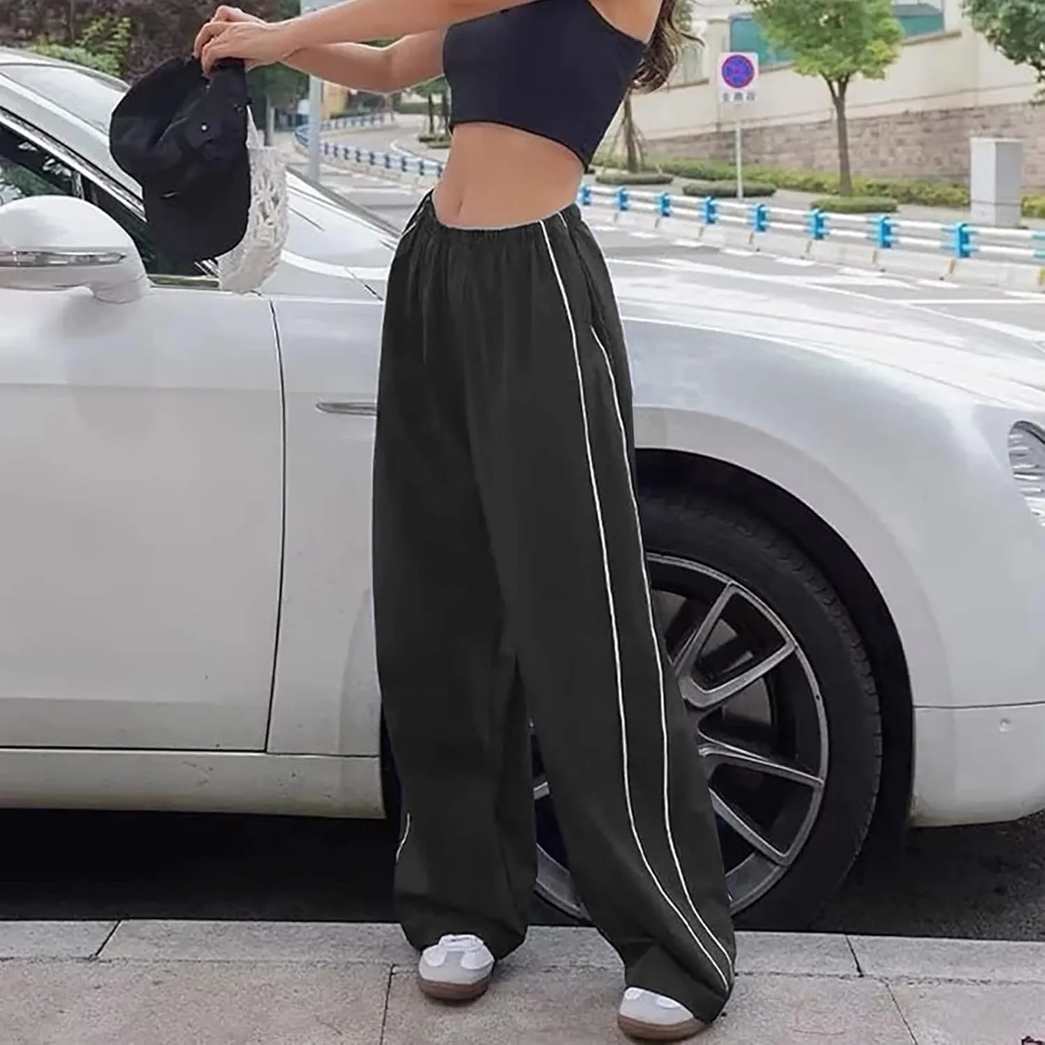 Women's Flowy Wide Leg Pants Winter Cozy Beach Thermal with Pockets Barrel Pants High Waisted