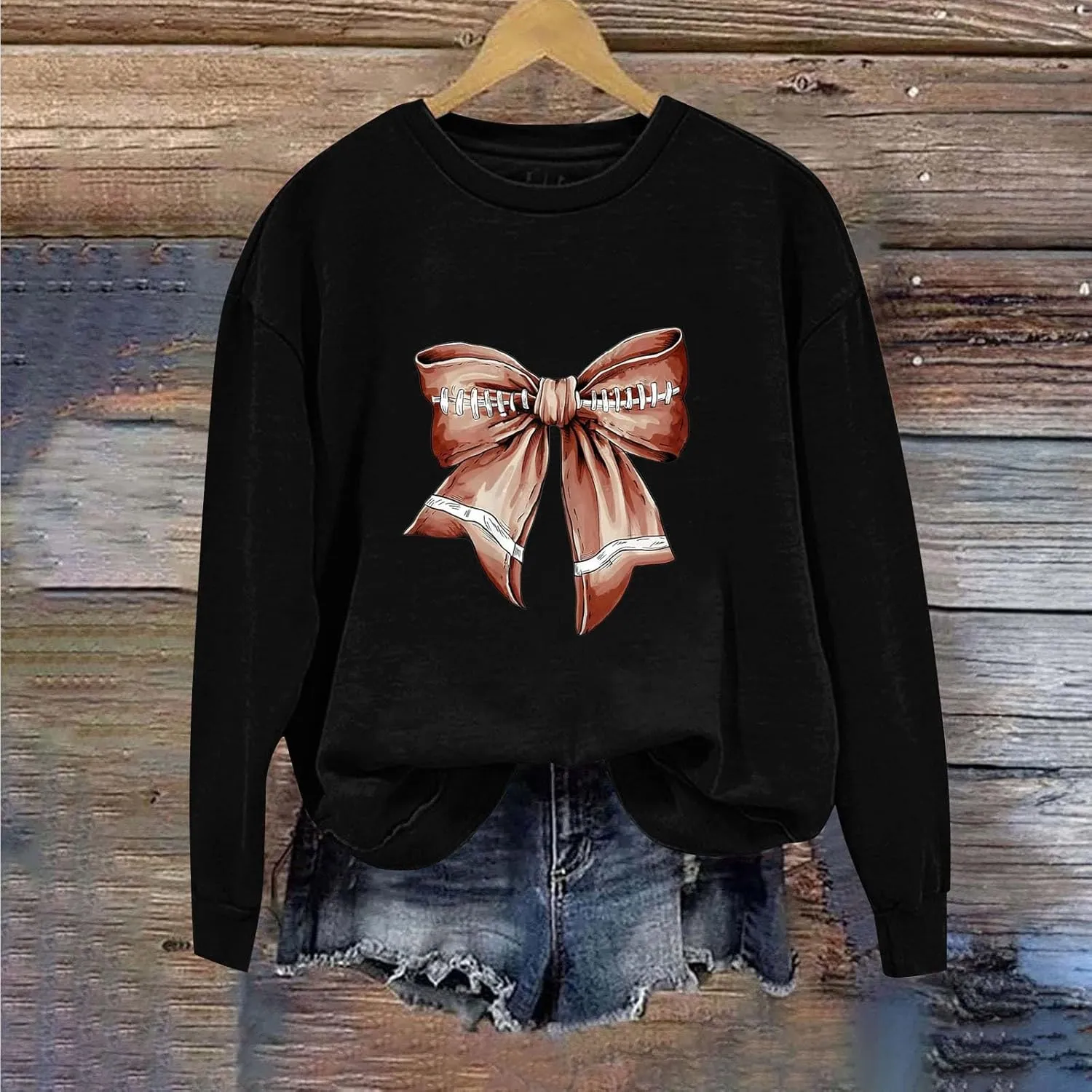 Womens Football Sweatshirt with Bows Game Day Sweatshirt Women Pullover Crewneck Football Season Long Sleeve Tops