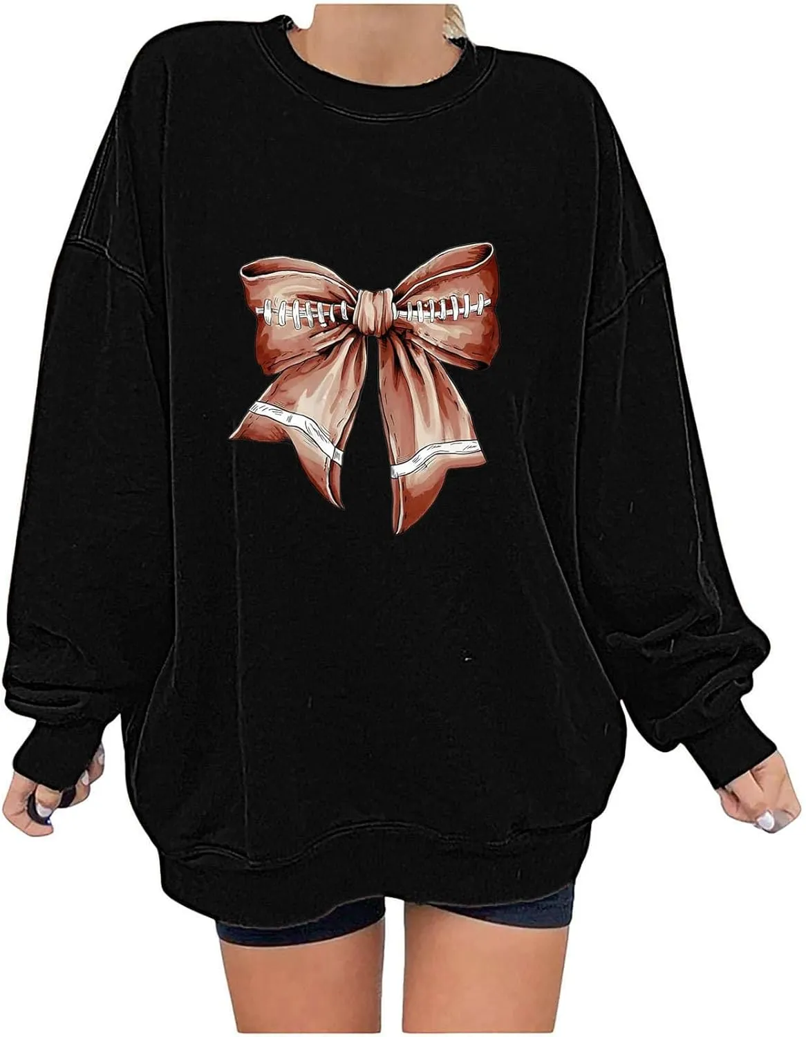 Womens Football Sweatshirt with Bows Game Day Sweatshirt Women Pullover Crewneck Football Season Long Sleeve Tops