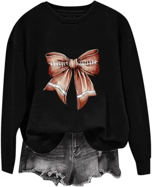 Womens Football Sweatshirt with Bows Game Day Sweatshirt Women Pullover Crewneck Football Season Long Sleeve Tops