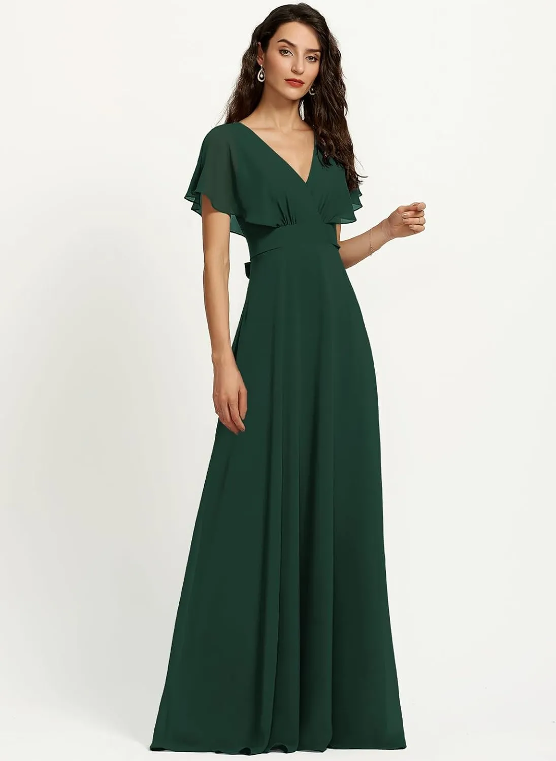 Women's Formal Dress Chiffon Ruffle Sleeve V-Neck Bridesmaid Dress A-Line Floor Length Evening Dress