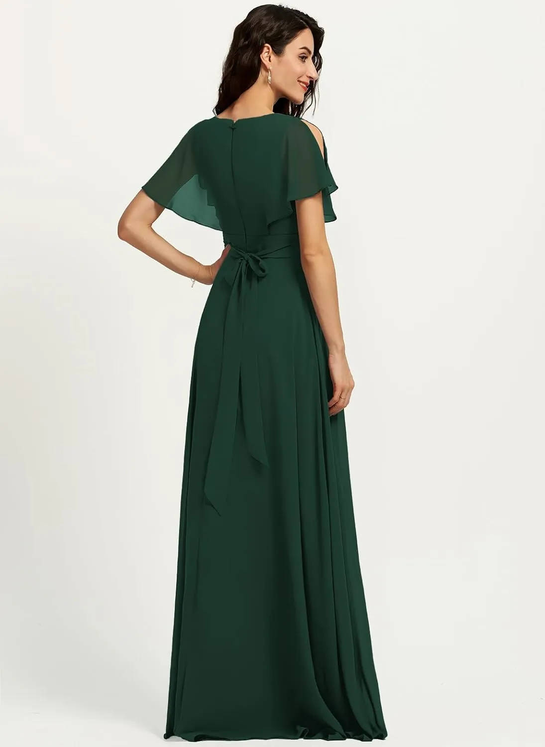 Women's Formal Dress Chiffon Ruffle Sleeve V-Neck Bridesmaid Dress A-Line Floor Length Evening Dress