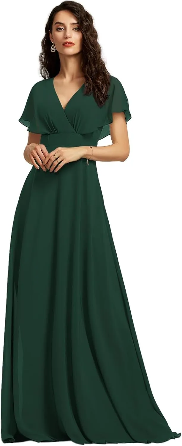 Women's Formal Dress Chiffon Ruffle Sleeve V-Neck Bridesmaid Dress A-Line Floor Length Evening Dress