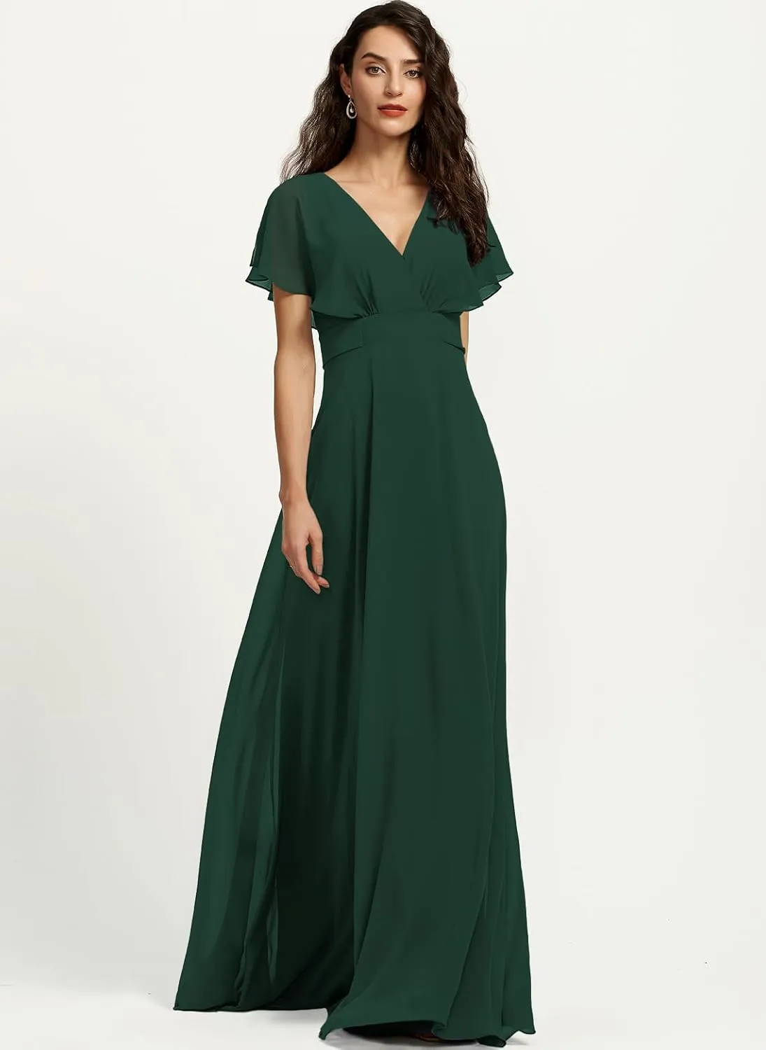 Women's Formal Dress Chiffon Ruffle Sleeve V-Neck Bridesmaid Dress A-Line Floor Length Evening Dress