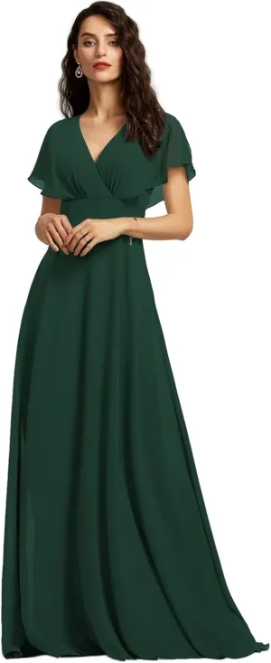 Women's Formal Dress Chiffon Ruffle Sleeve V-Neck Bridesmaid Dress A-Line Floor Length Evening Dress