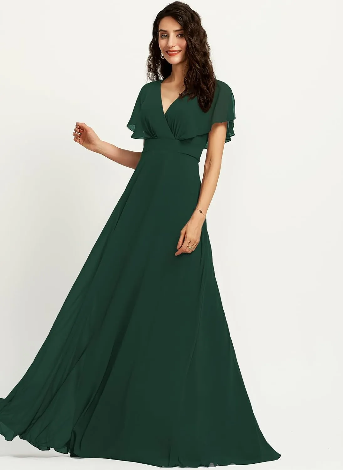 Women's Formal Dress Chiffon Ruffle Sleeve V-Neck Bridesmaid Dress A-Line Floor Length Evening Dress