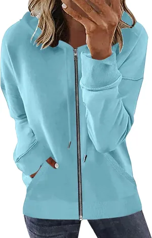Womens Full Zip Up Hoodies Trendy 2023 Lightweight Fall Jackets Long Sleeve Solid Tunic Tops Hooded Zipper Sweatshirts