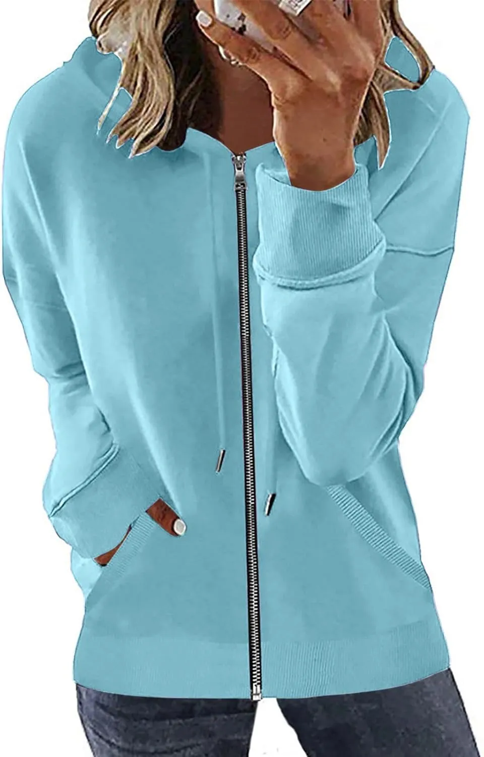 Womens Full Zip Up Hoodies Trendy 2023 Lightweight Fall Jackets Long Sleeve Solid Tunic Tops Hooded Zipper Sweatshirts