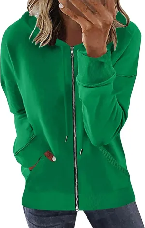 Womens Full Zip Up Hoodies Trendy 2023 Lightweight Fall Jackets Long Sleeve Solid Tunic Tops Hooded Zipper Sweatshirts