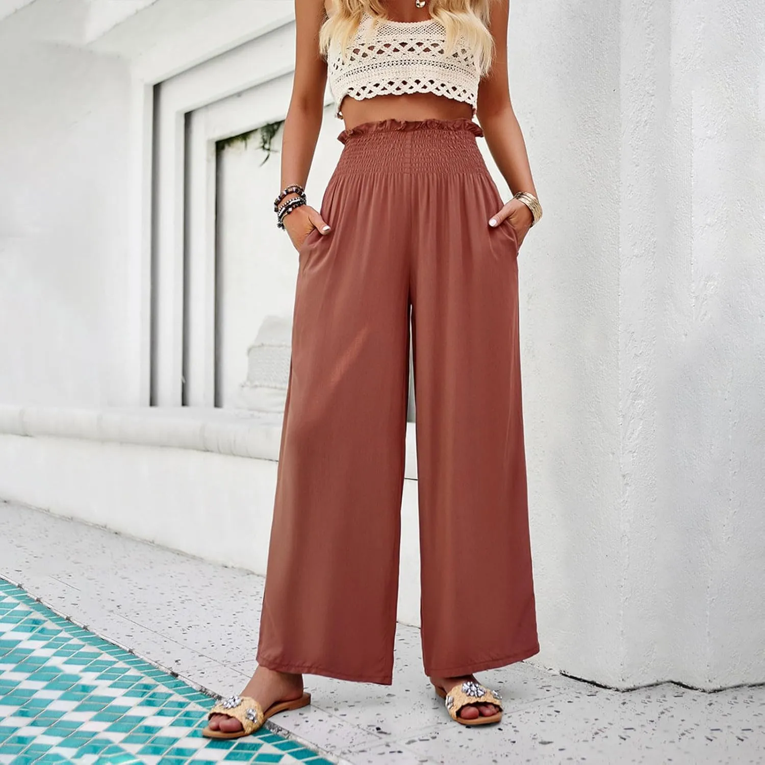 Womens High Waisted Palazzo Pants Casual Ruched Stretchy Flowy Lounge Pants Elastic Waist Loose Trousers with Pockets