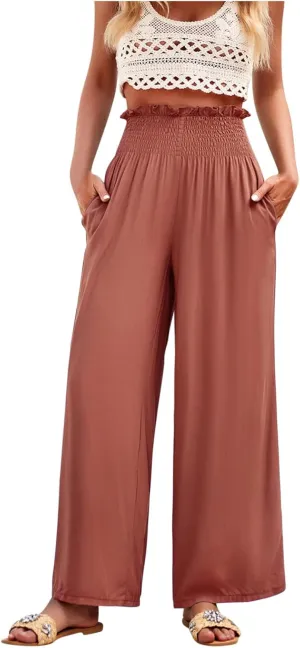 Womens High Waisted Palazzo Pants Casual Ruched Stretchy Flowy Lounge Pants Elastic Waist Loose Trousers with Pockets