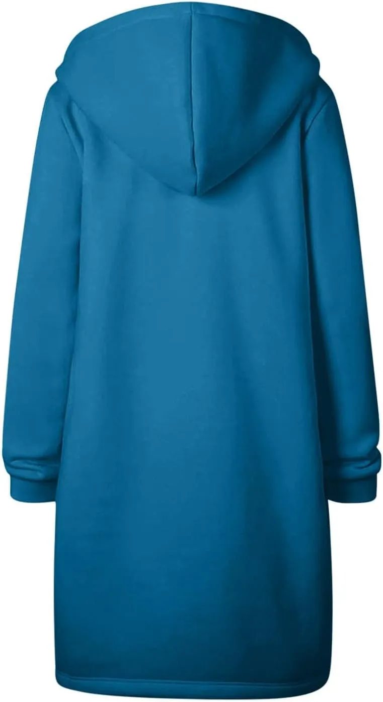 Womens Hoodies Zip Up Long Jackets Fleece Tunic Sweatshirt Oversized Outwear Thick Warm Coat with Pockets