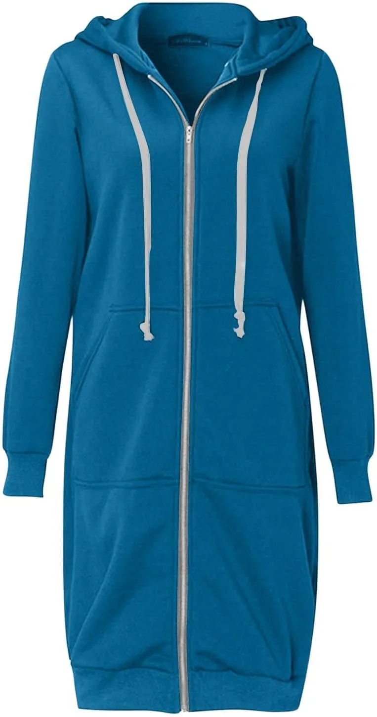 Womens Hoodies Zip Up Long Jackets Fleece Tunic Sweatshirt Oversized Outwear Thick Warm Coat with Pockets
