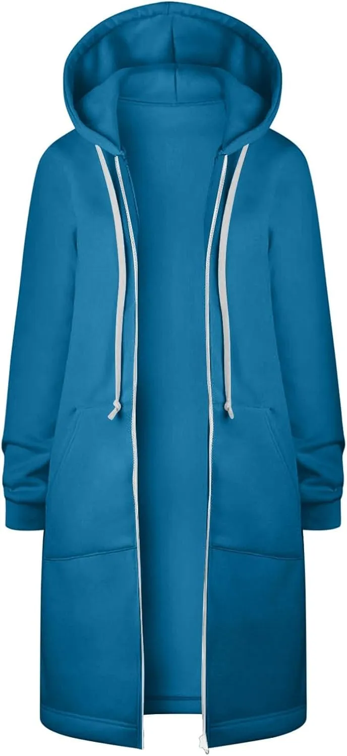 Womens Hoodies Zip Up Long Jackets Fleece Tunic Sweatshirt Oversized Outwear Thick Warm Coat with Pockets
