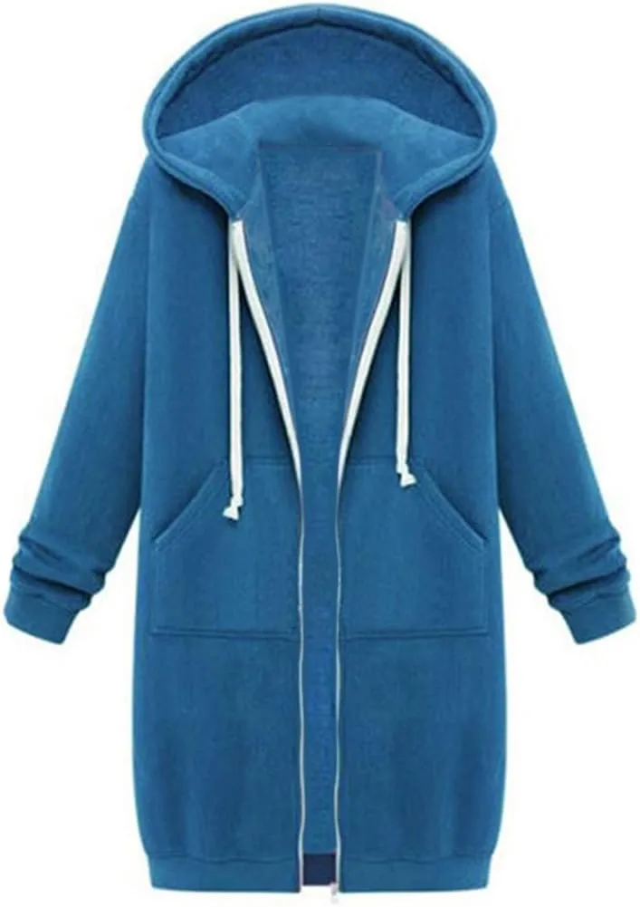 Womens Hoodies Zip Up Long Jackets Fleece Tunic Sweatshirt Oversized Outwear Thick Warm Coat with Pockets