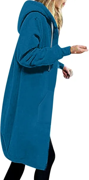 Womens Hoodies Zip Up Long Jackets Fleece Tunic Sweatshirt Oversized Outwear Thick Warm Coat with Pockets