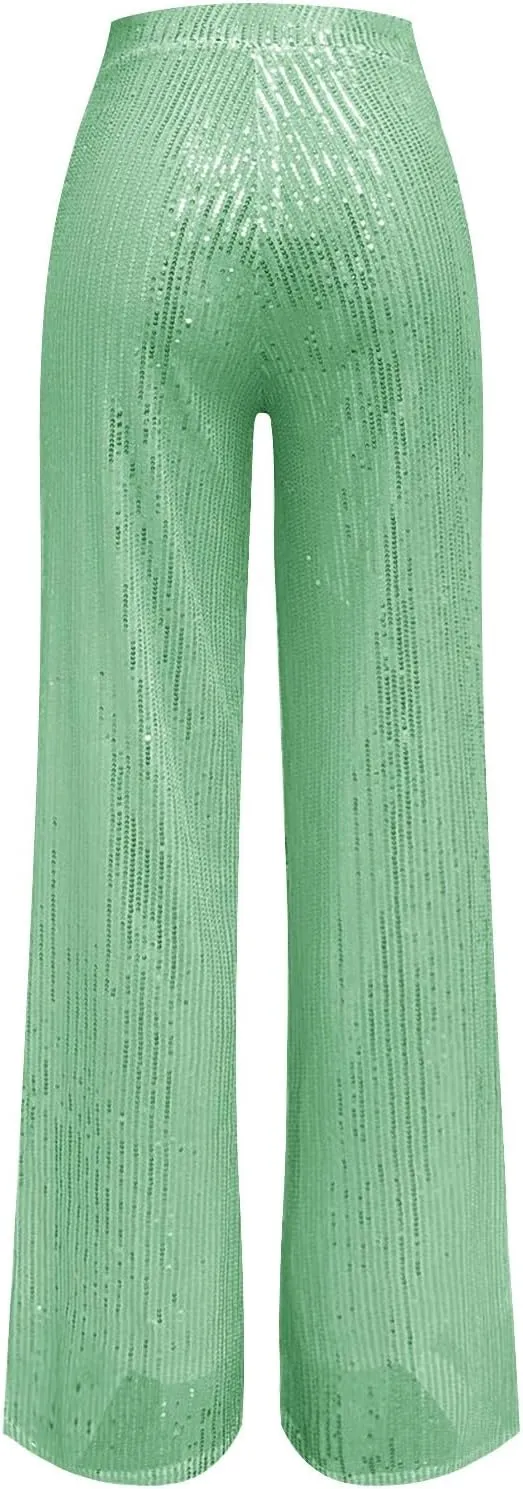 Women's Joggers Pants Pockets Women's High Waisted Sequin Loose Drape Wide Leg Pants Fashion Party Flared Trousers