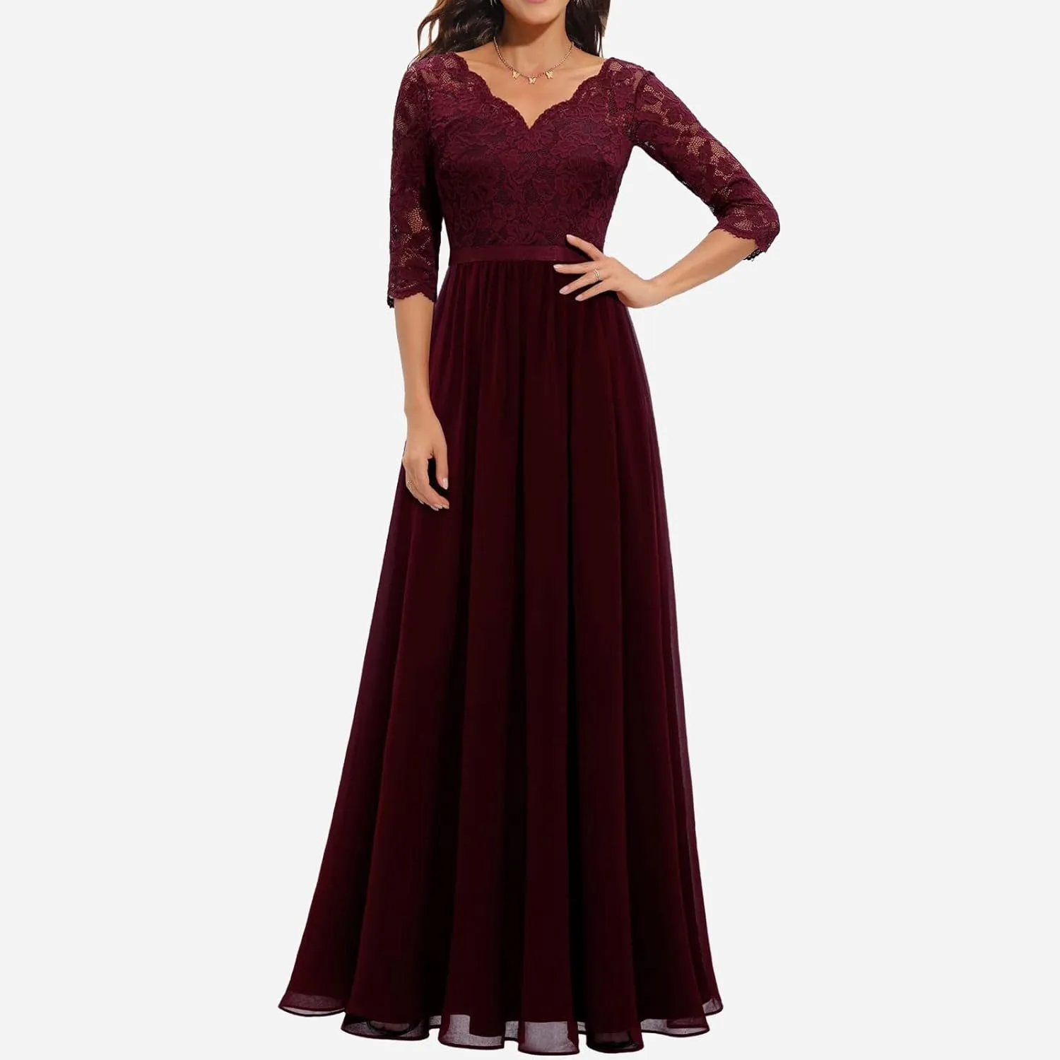 Women's Lace Applique Chiffon Bridesmaid Dress 3/4 Sleeves V Neck Elegant Formal Evening Gowns Party Maxi Dresses