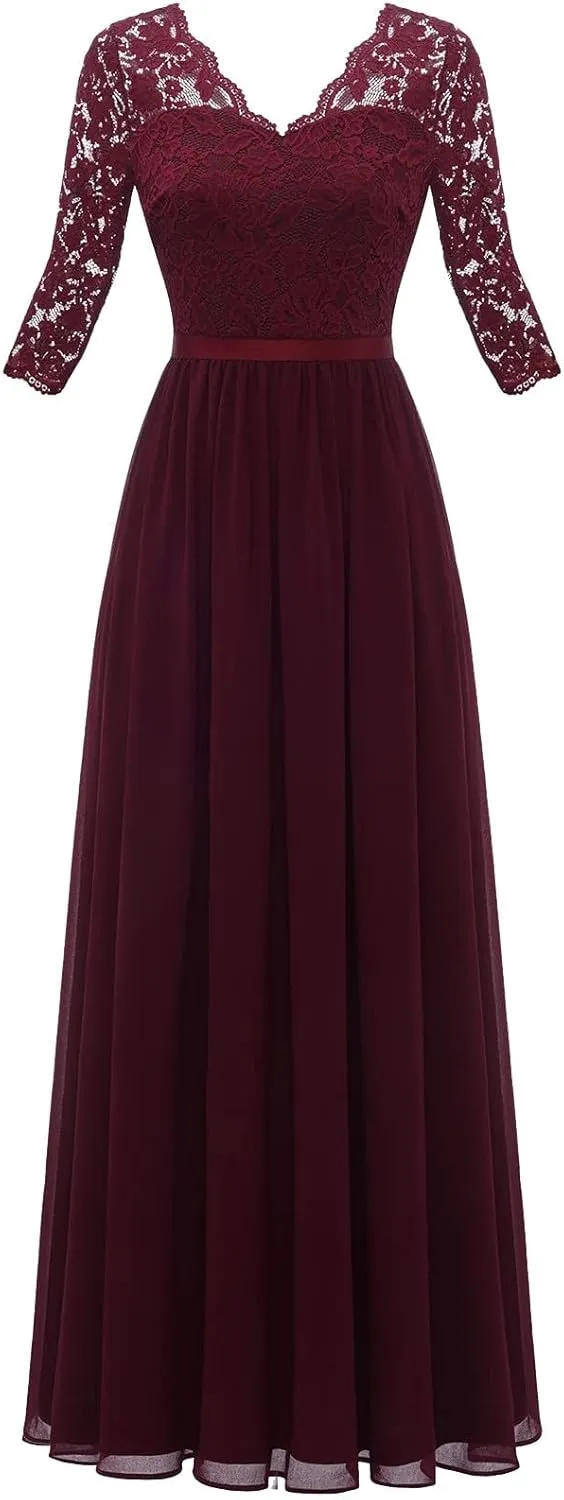 Women's Lace Applique Chiffon Bridesmaid Dress 3/4 Sleeves V Neck Elegant Formal Evening Gowns Party Maxi Dresses