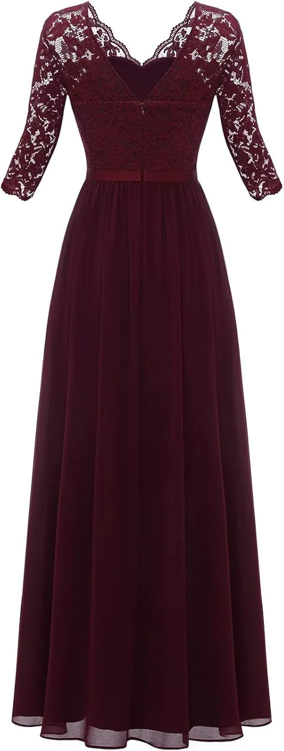 Women's Lace Applique Chiffon Bridesmaid Dress 3/4 Sleeves V Neck Elegant Formal Evening Gowns Party Maxi Dresses