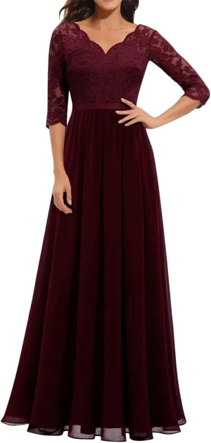 Women's Lace Applique Chiffon Bridesmaid Dress 3/4 Sleeves V Neck Elegant Formal Evening Gowns Party Maxi Dresses