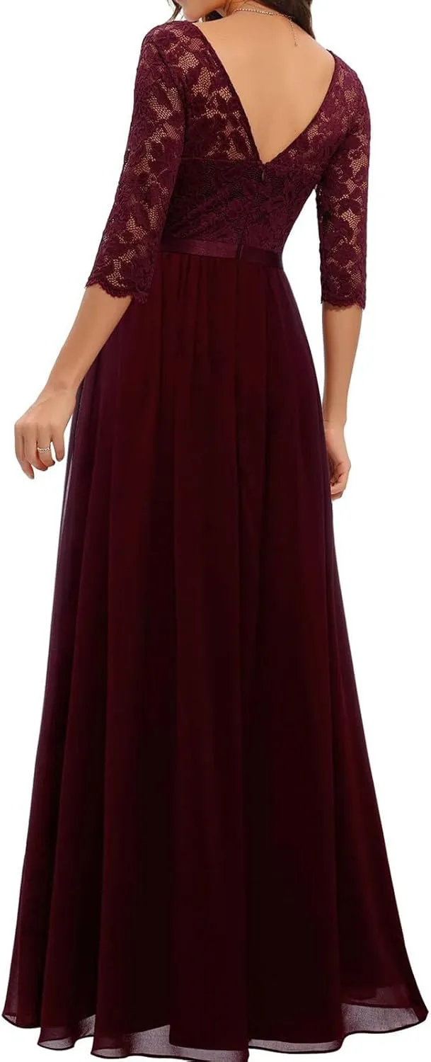Women's Lace Applique Chiffon Bridesmaid Dress 3/4 Sleeves V Neck Elegant Formal Evening Gowns Party Maxi Dresses