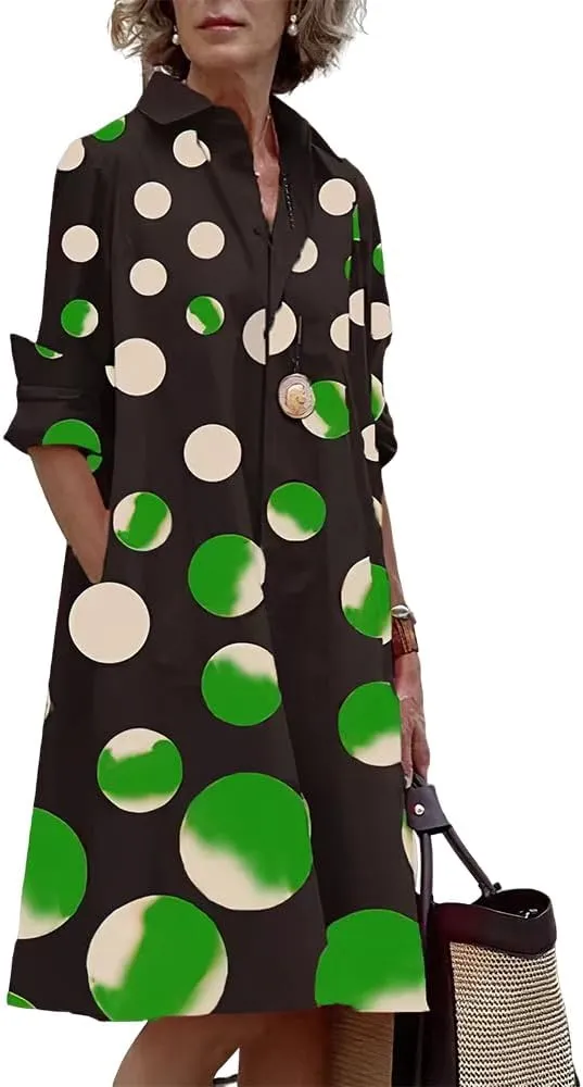 Womens Linen Long Sleeve Simple Printed Button Down Shirt Dress Plus Size Loose Shirt Dresses for Women with 2 Pockets