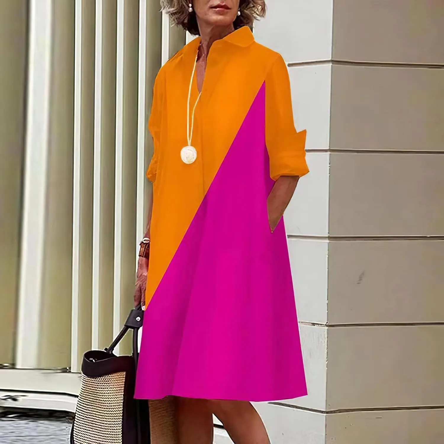 Womens Linen Long Sleeve Simple Printed Button Down Shirt Dress Plus Size Loose Shirt Dresses for Women with 2 Pockets
