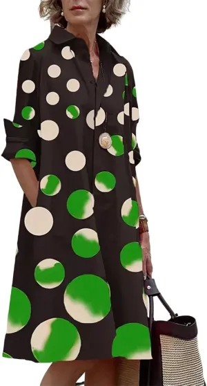 Womens Linen Long Sleeve Simple Printed Button Down Shirt Dress Plus Size Loose Shirt Dresses for Women with 2 Pockets