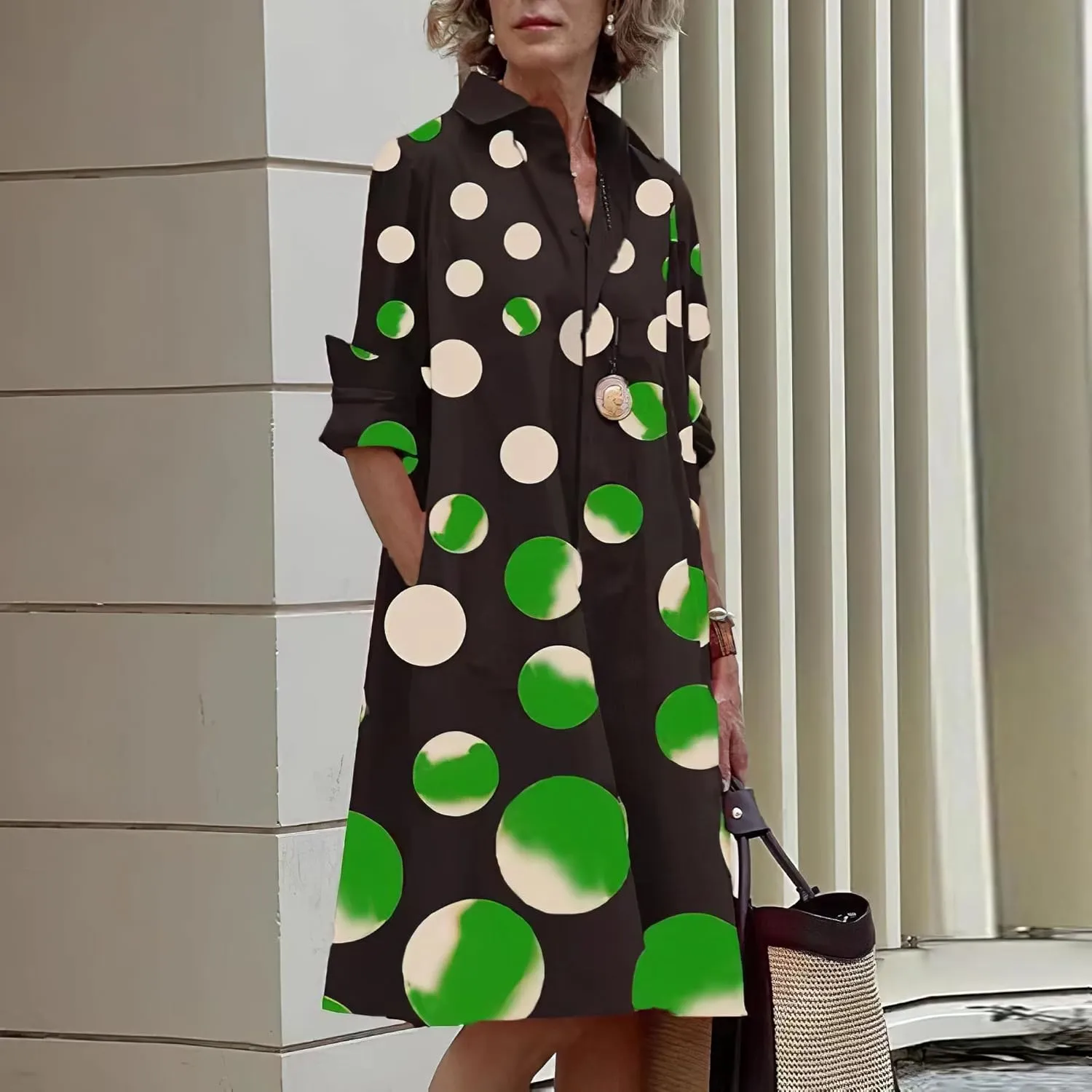 Womens Linen Long Sleeve Simple Printed Button Down Shirt Dress Plus Size Loose Shirt Dresses for Women with 2 Pockets